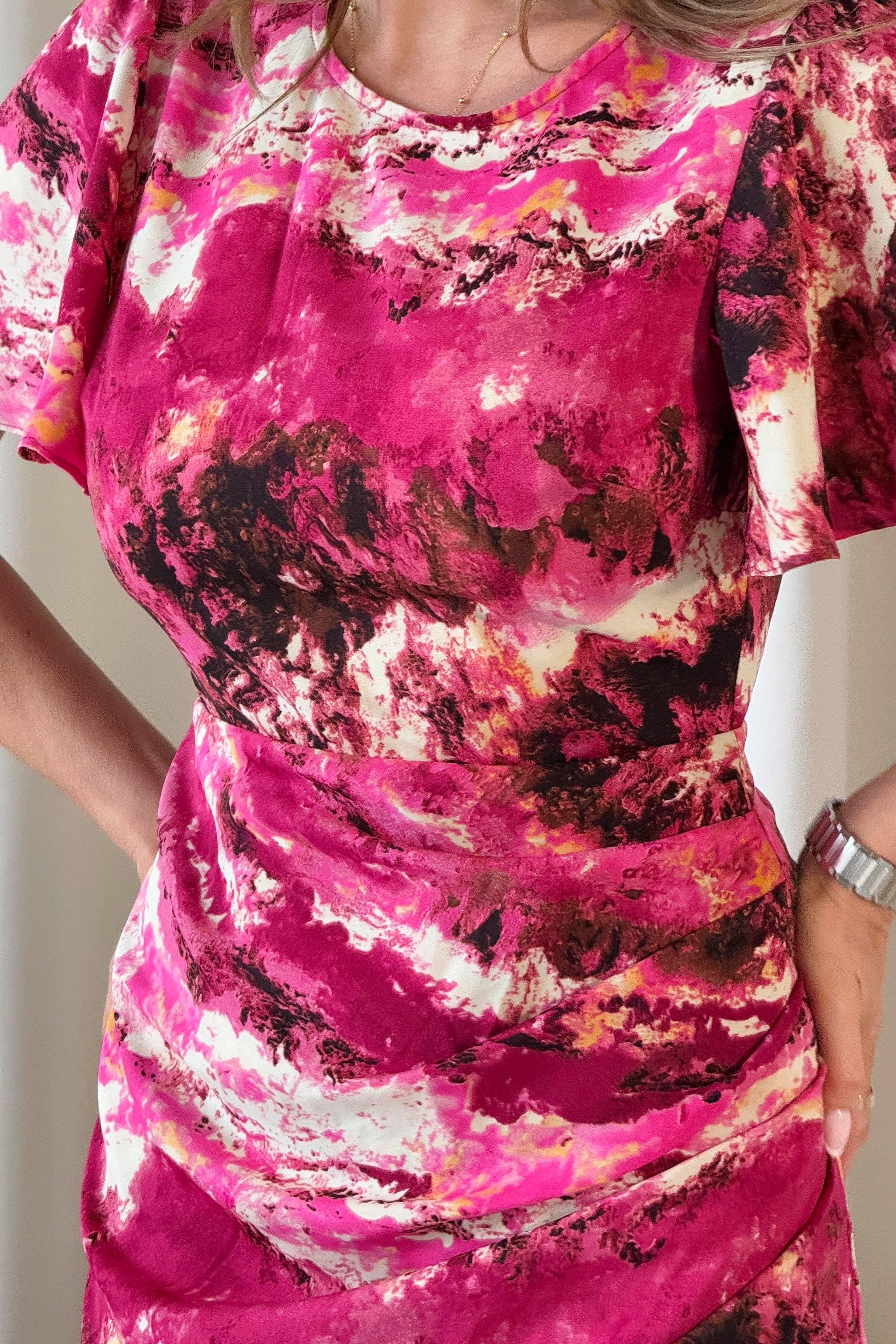 Lucia Wrap Skirt Pink Marble Print Midi Dress: Pink