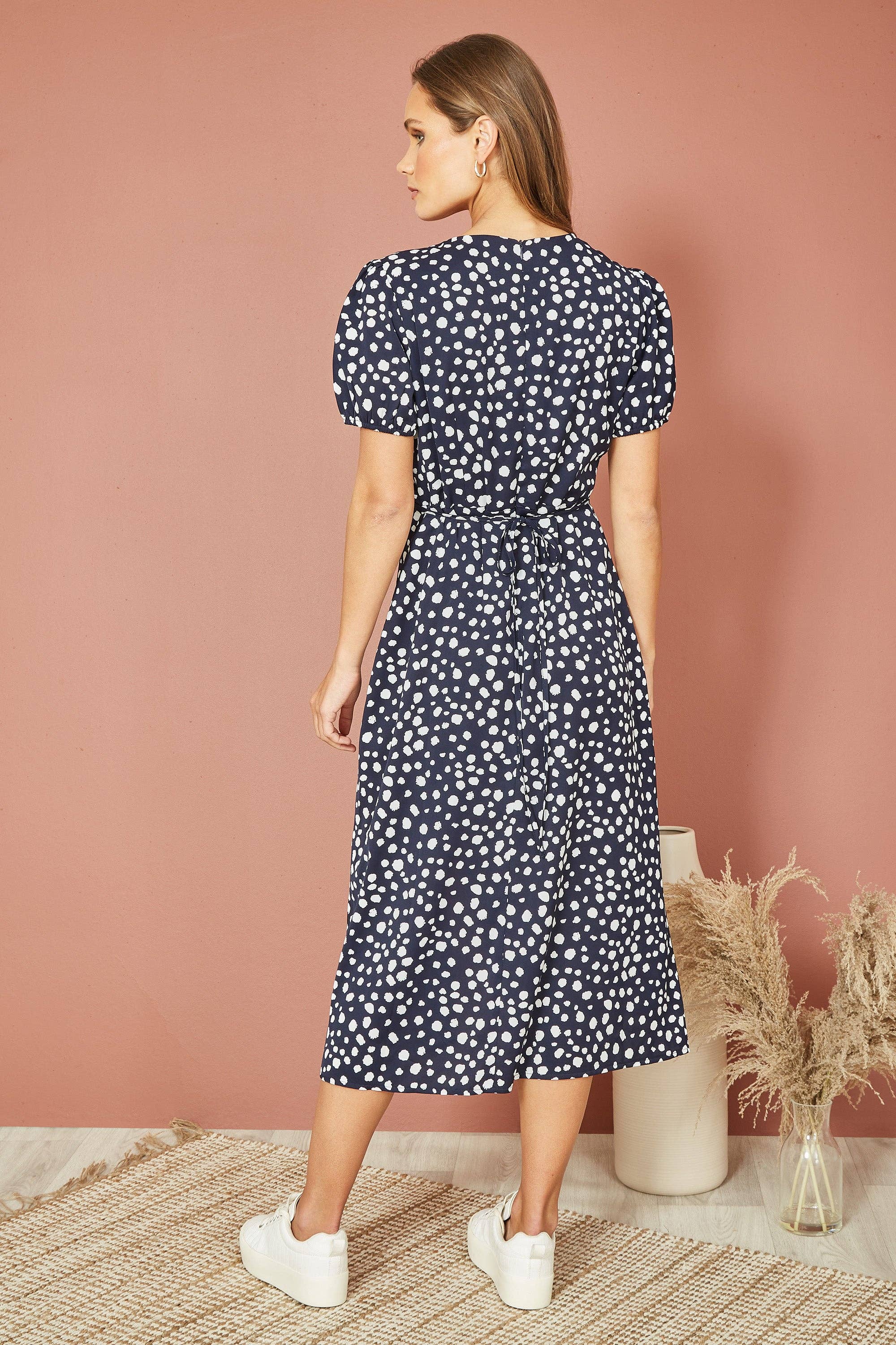 Yumi Navy Spot Midi Tea Dress: Navy / 10