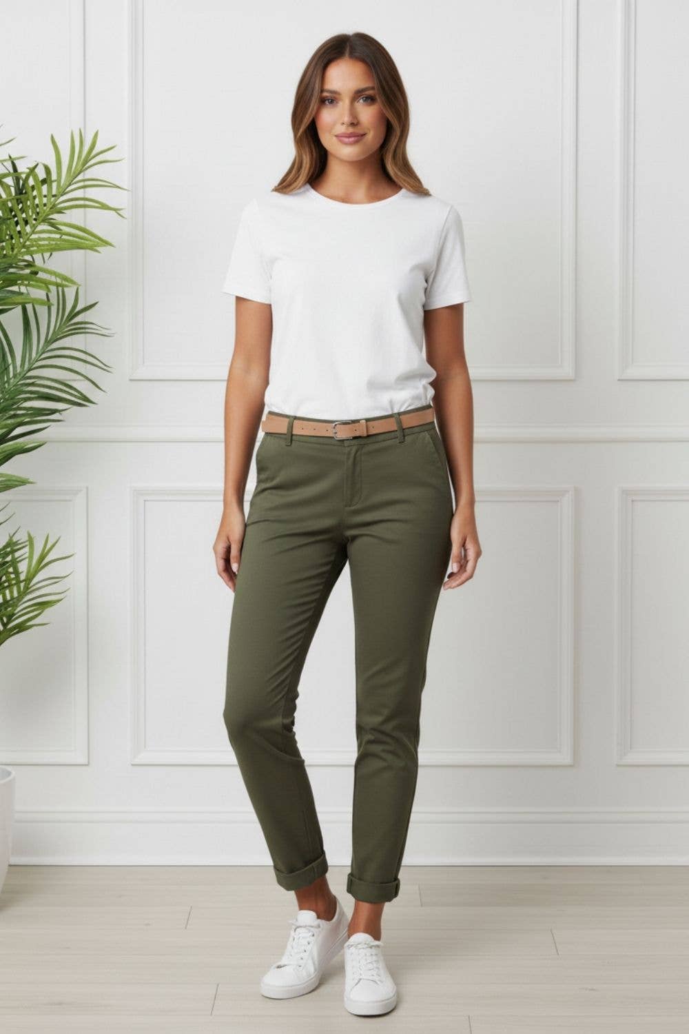 Removable Belt Slim Cropped Trousers
: KHAKI / 12