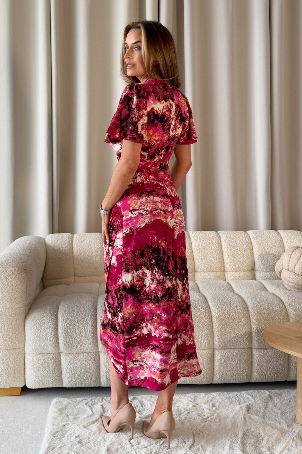 Lucia Wrap Skirt Pink Marble Print Midi Dress: Pink