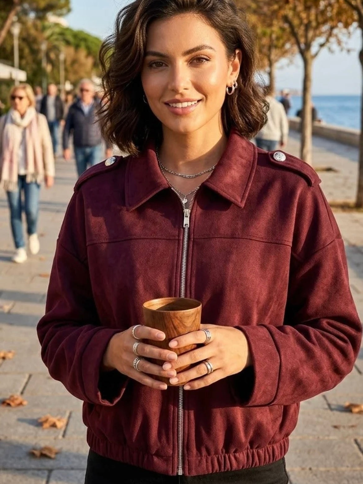 SUEDE SHOULDER BUTTON ZIP-UP JACKET