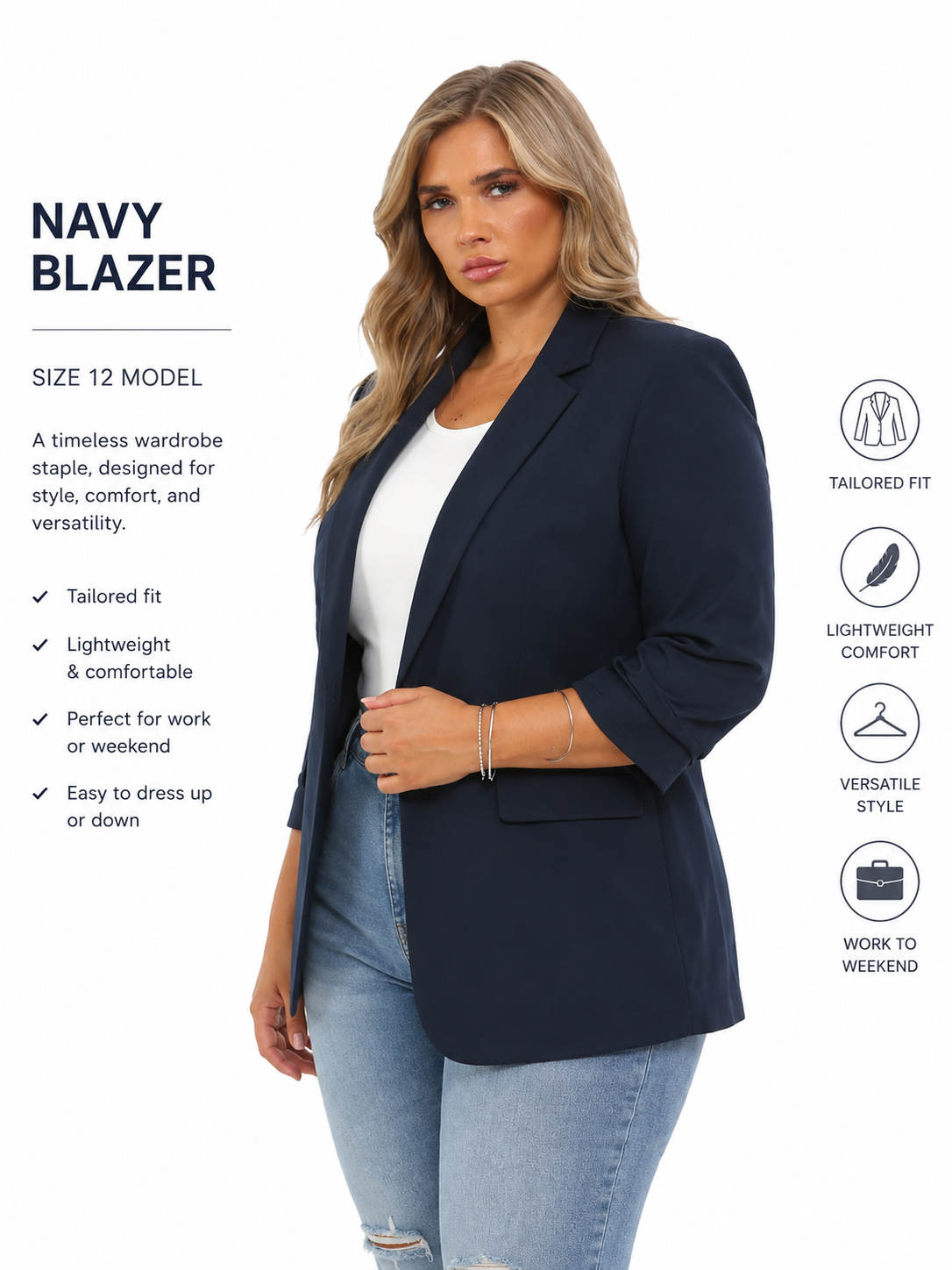 Navy ruched sleeve blazer
