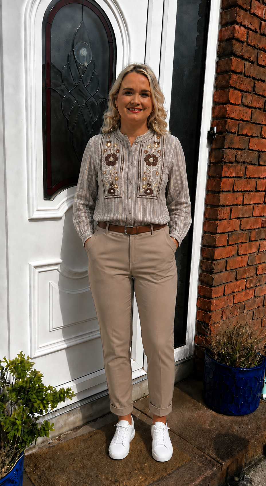 FLORAL EMBROIDERED STRIPPED SHIRT taupe