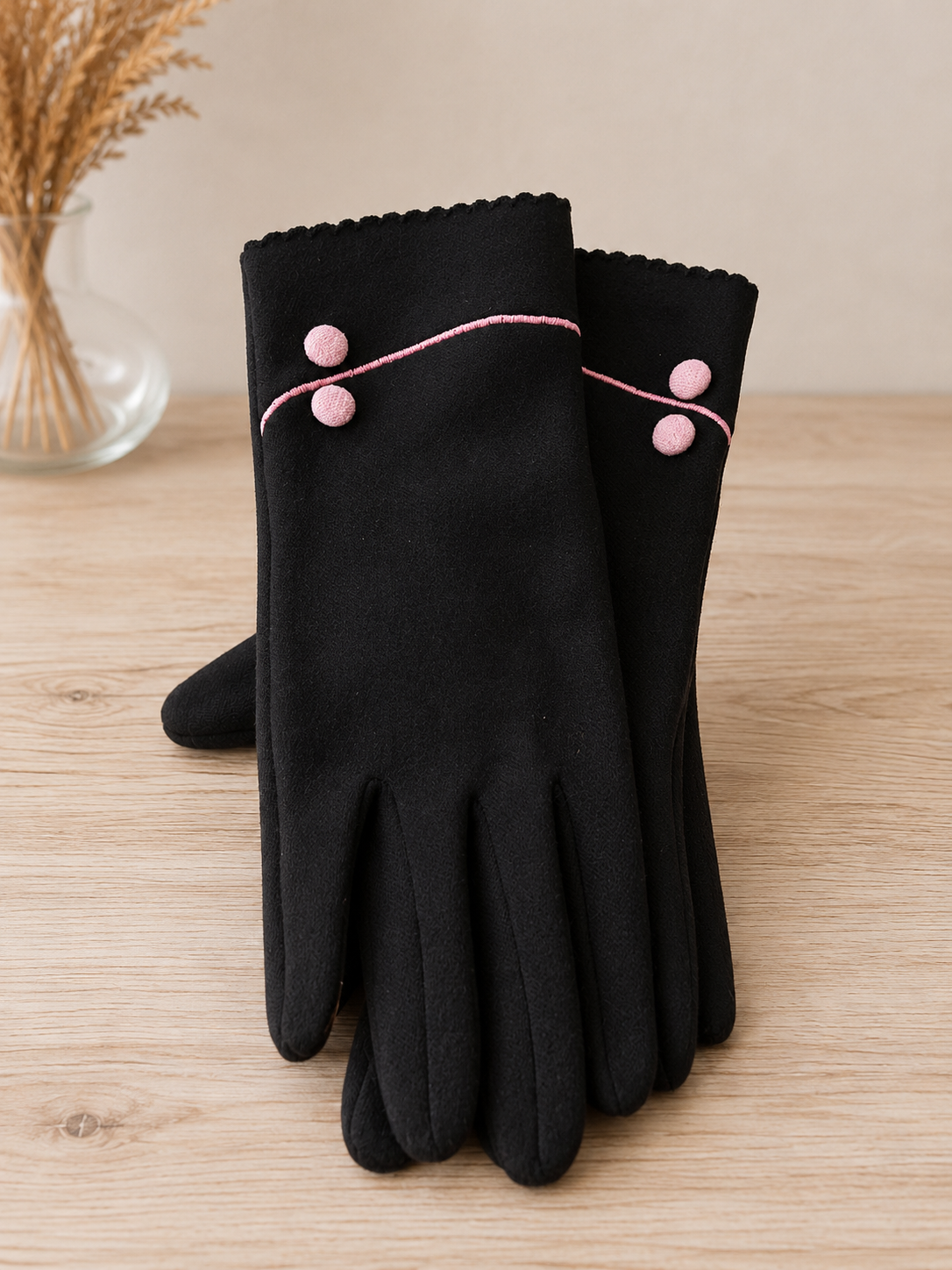 Black Gloves with Pink Detail