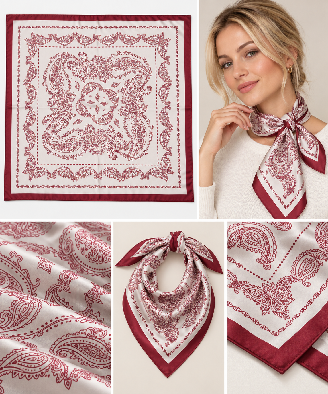 Burgundy & Ivory Paisley Satin Neck Scarf