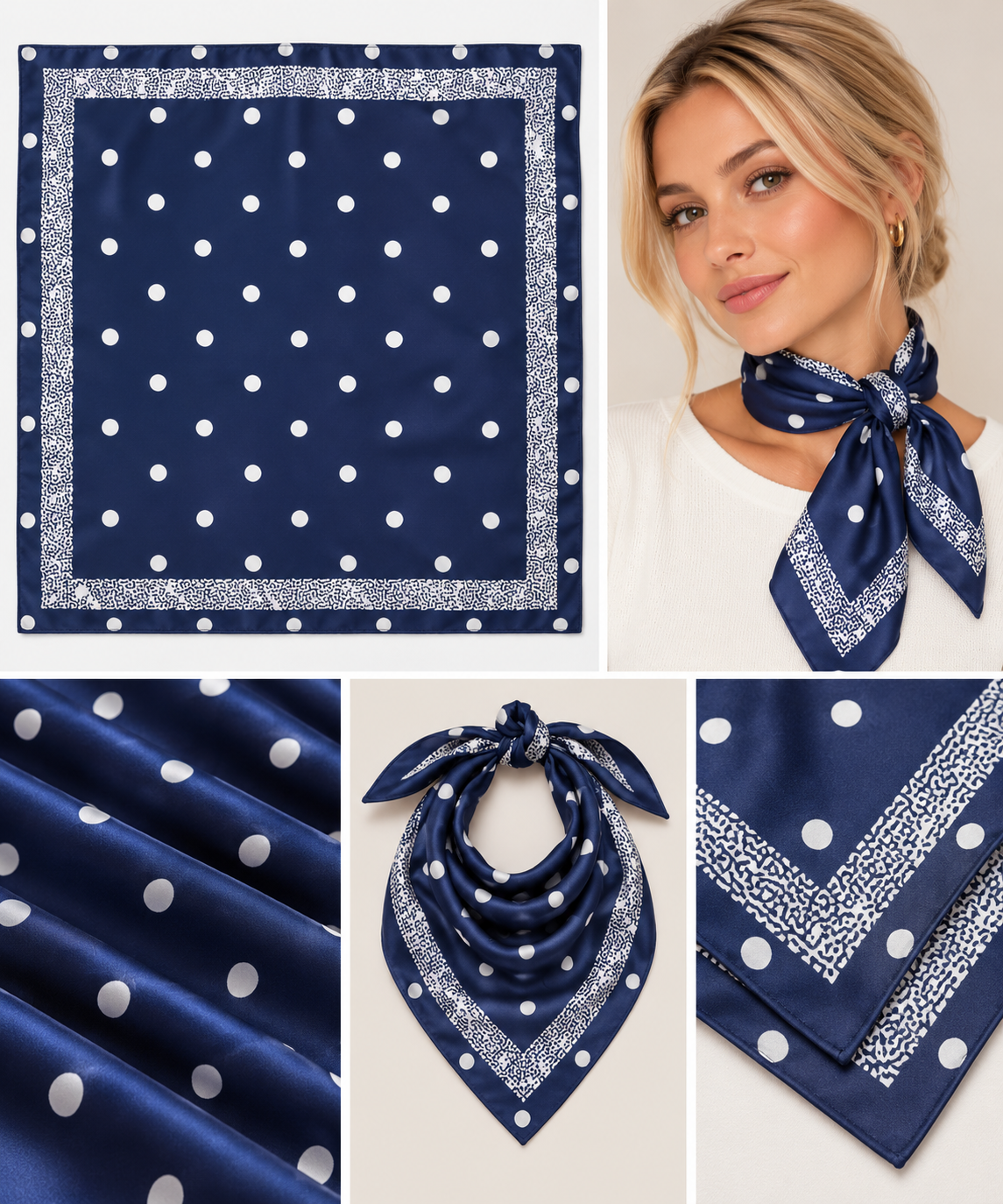 Navy & White Polka Dot Satin Neck Scarf