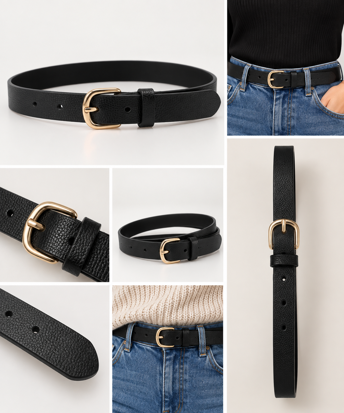 Black Faux Leather Belt with Gold-Tone Buckle