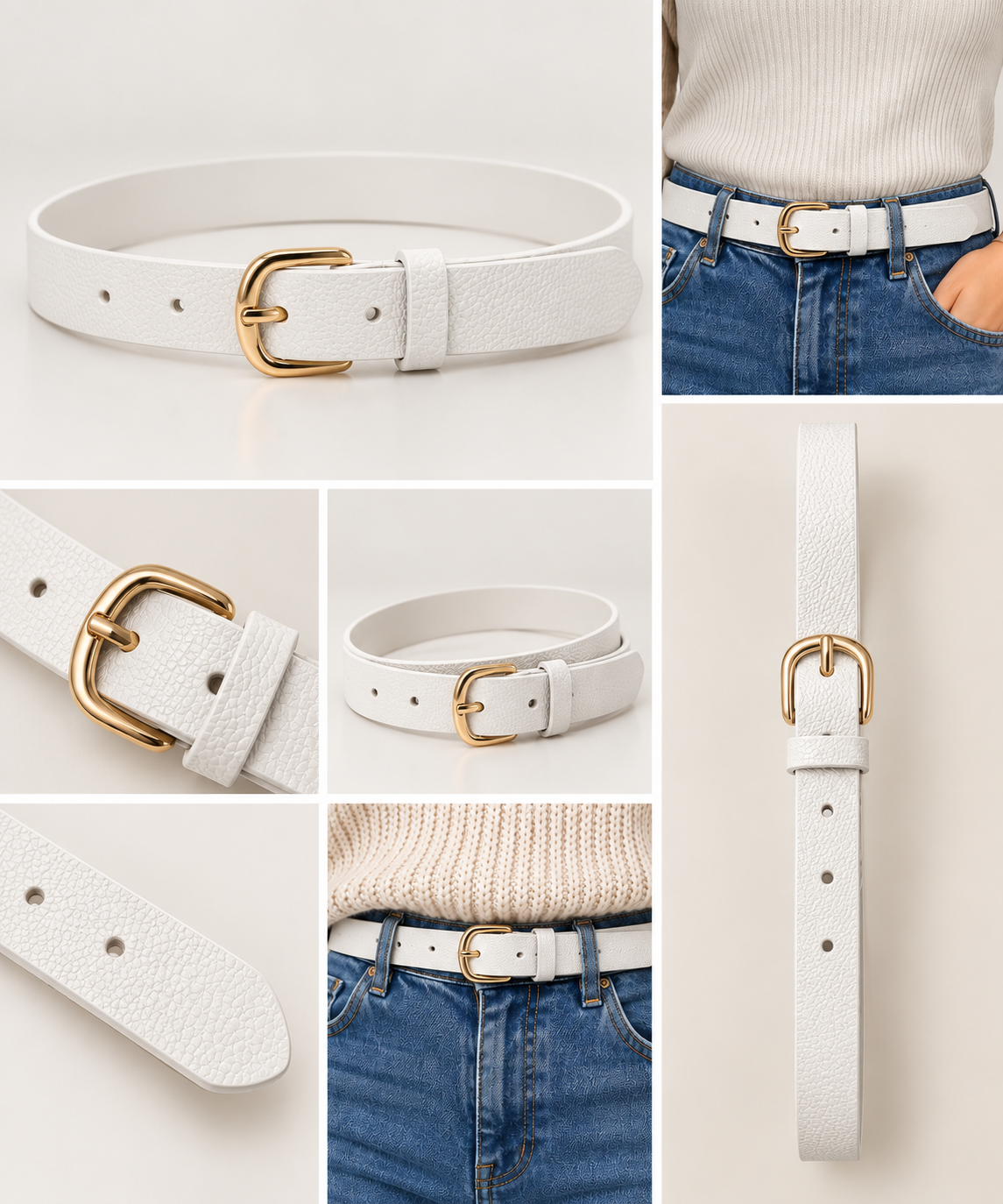 White Faux Leather Belt with Gold-Tone Buckle