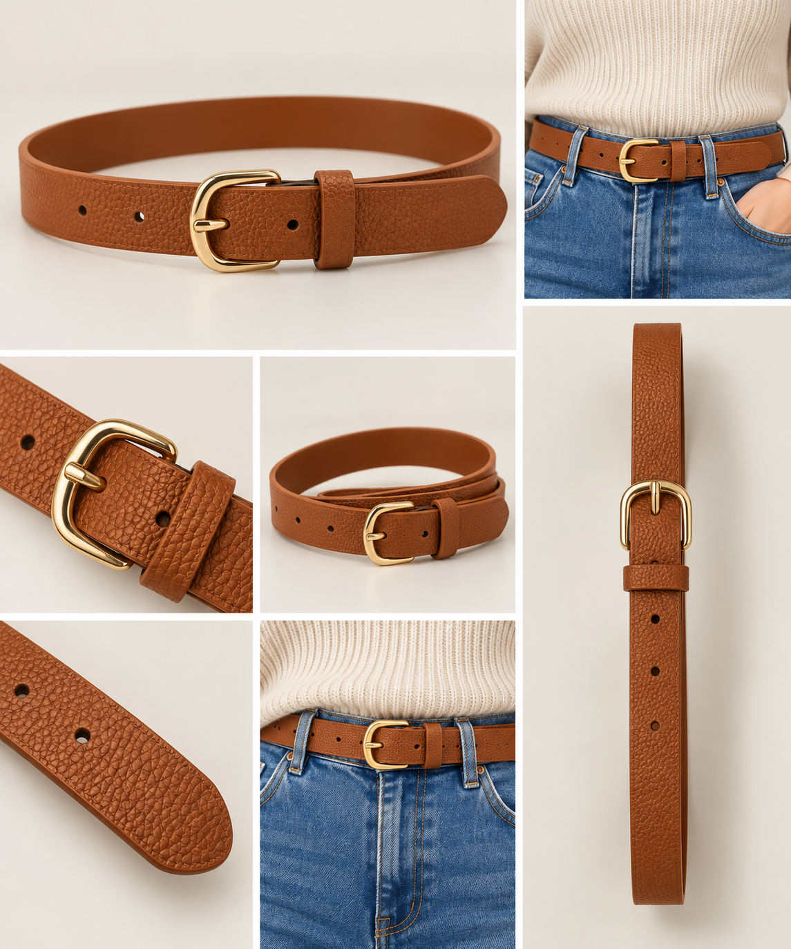 Tan Faux Leather Belt with Gold-Tone Buckle