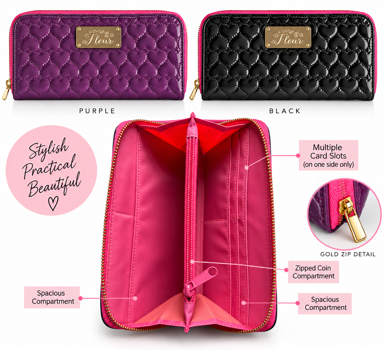 Fleur Heart Quilted Zip-Around Purse