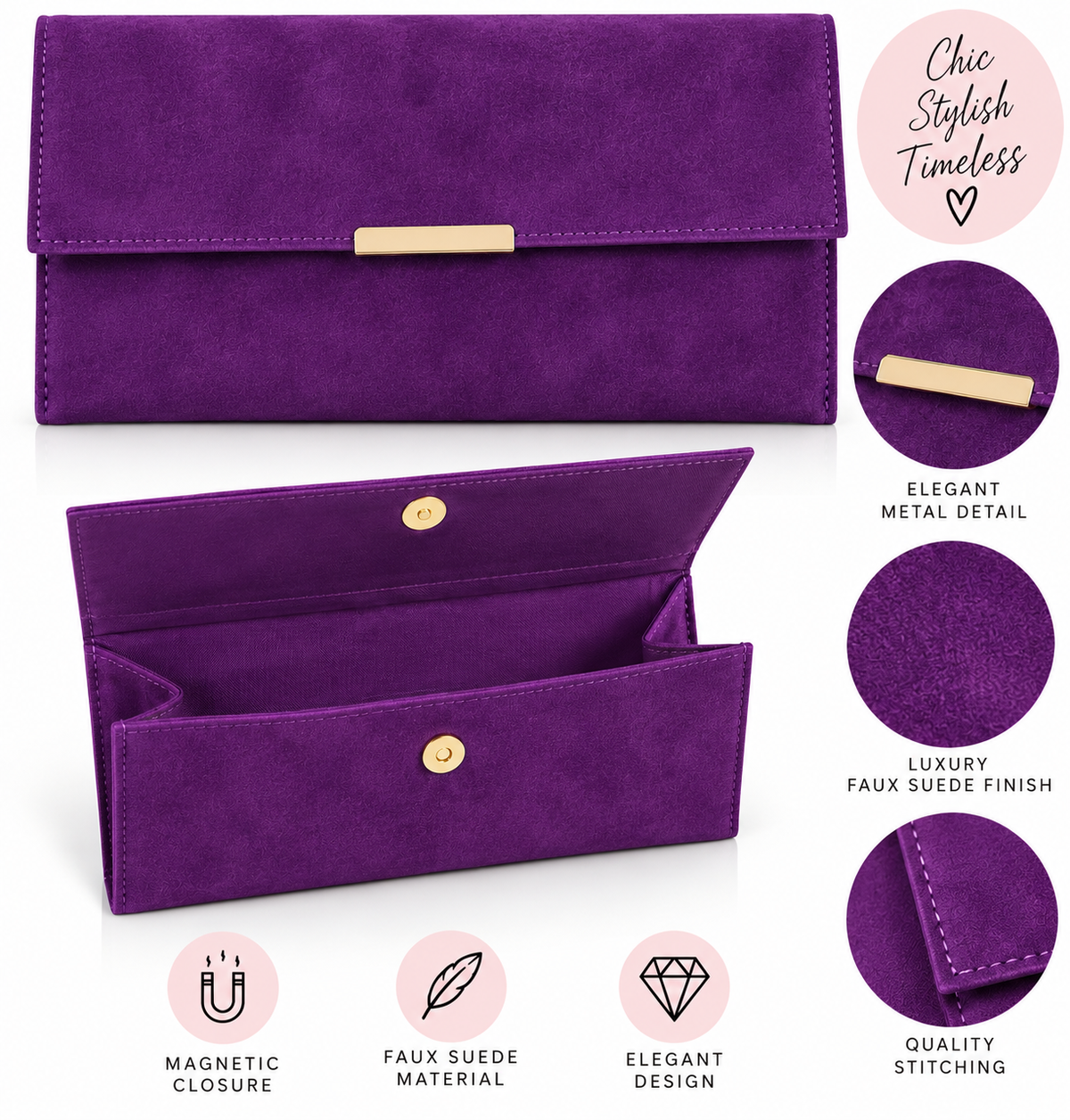 Elegant Purple Faux Suede Clutch