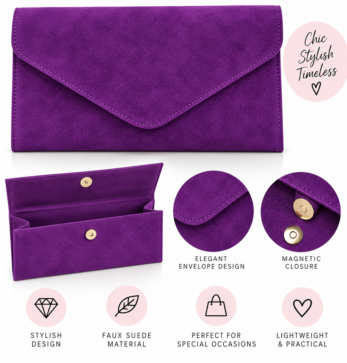 Purple Faux Suede Envelope Clutch