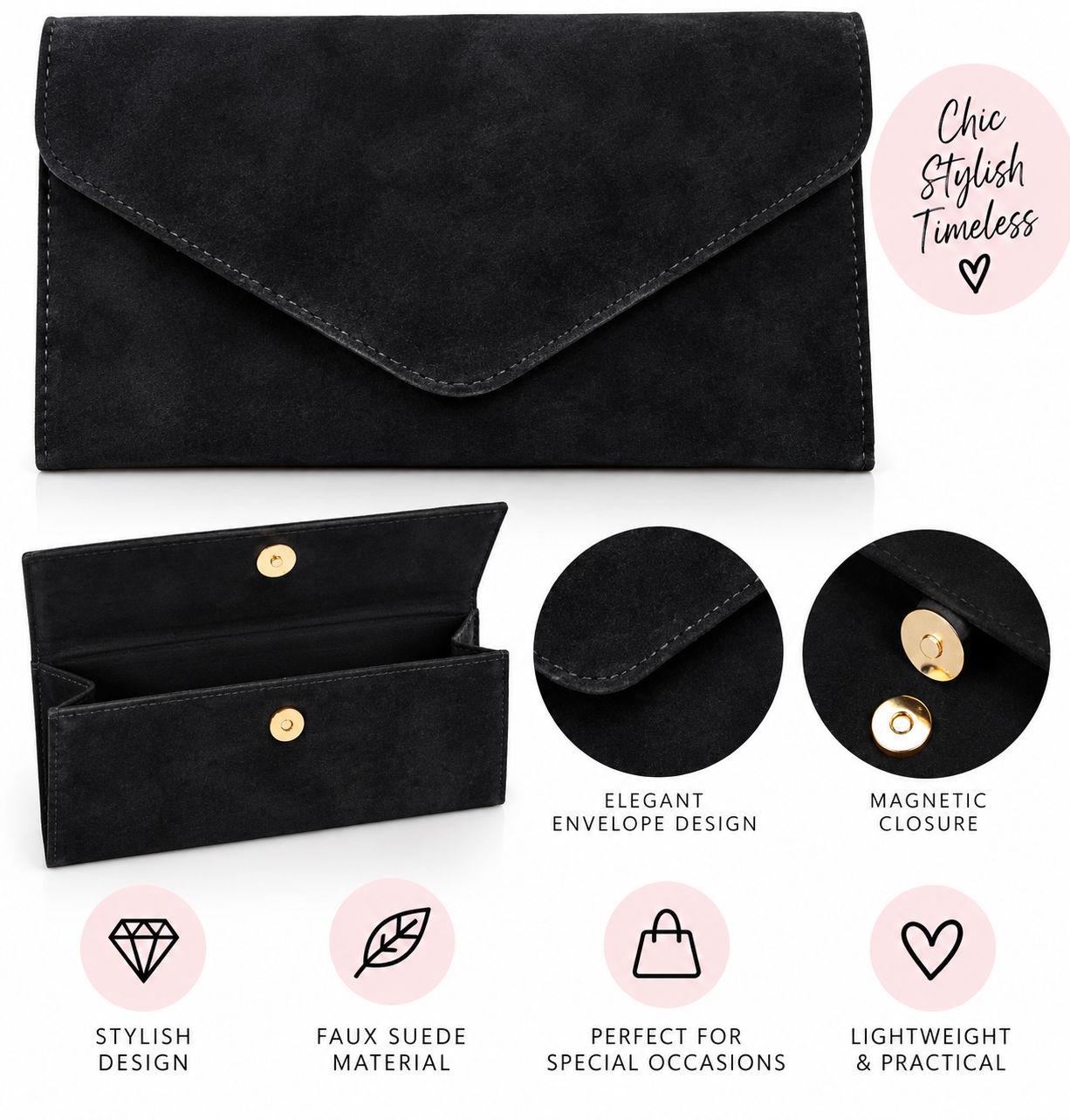 Black Suede Envelope Clutch