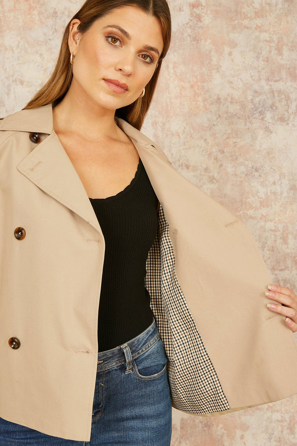 Yumi Beige Cropped Trench Jacket With Pockets and Check Lining: Beige / 14