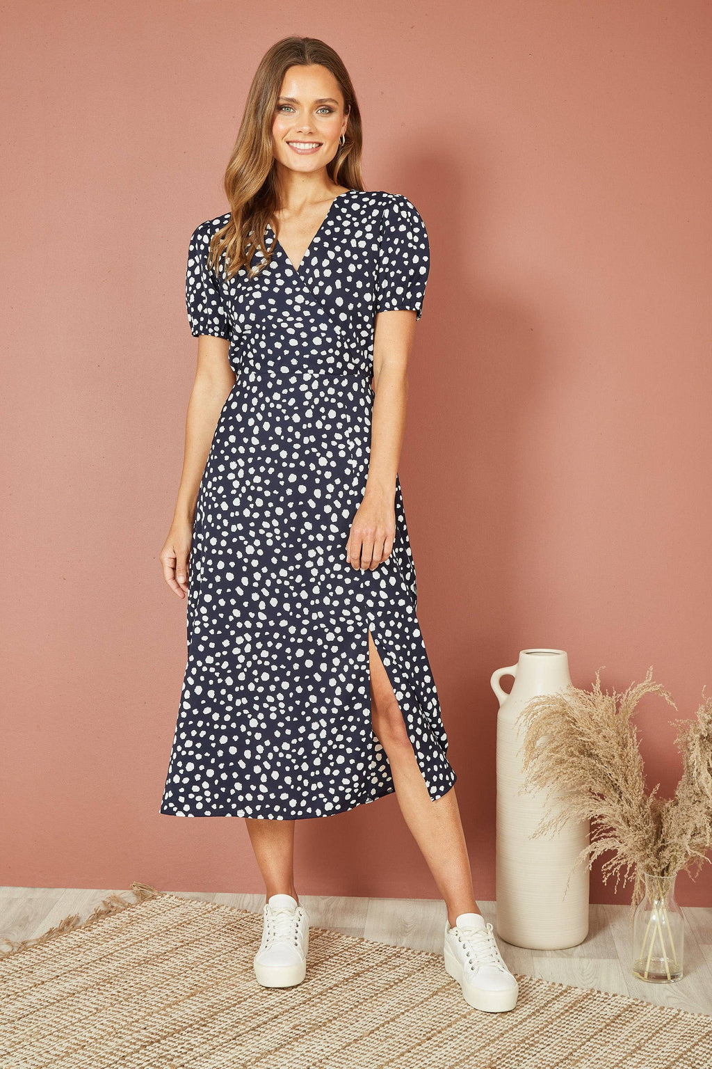 Yumi Navy Spot Midi Tea Dress: Navy / 10